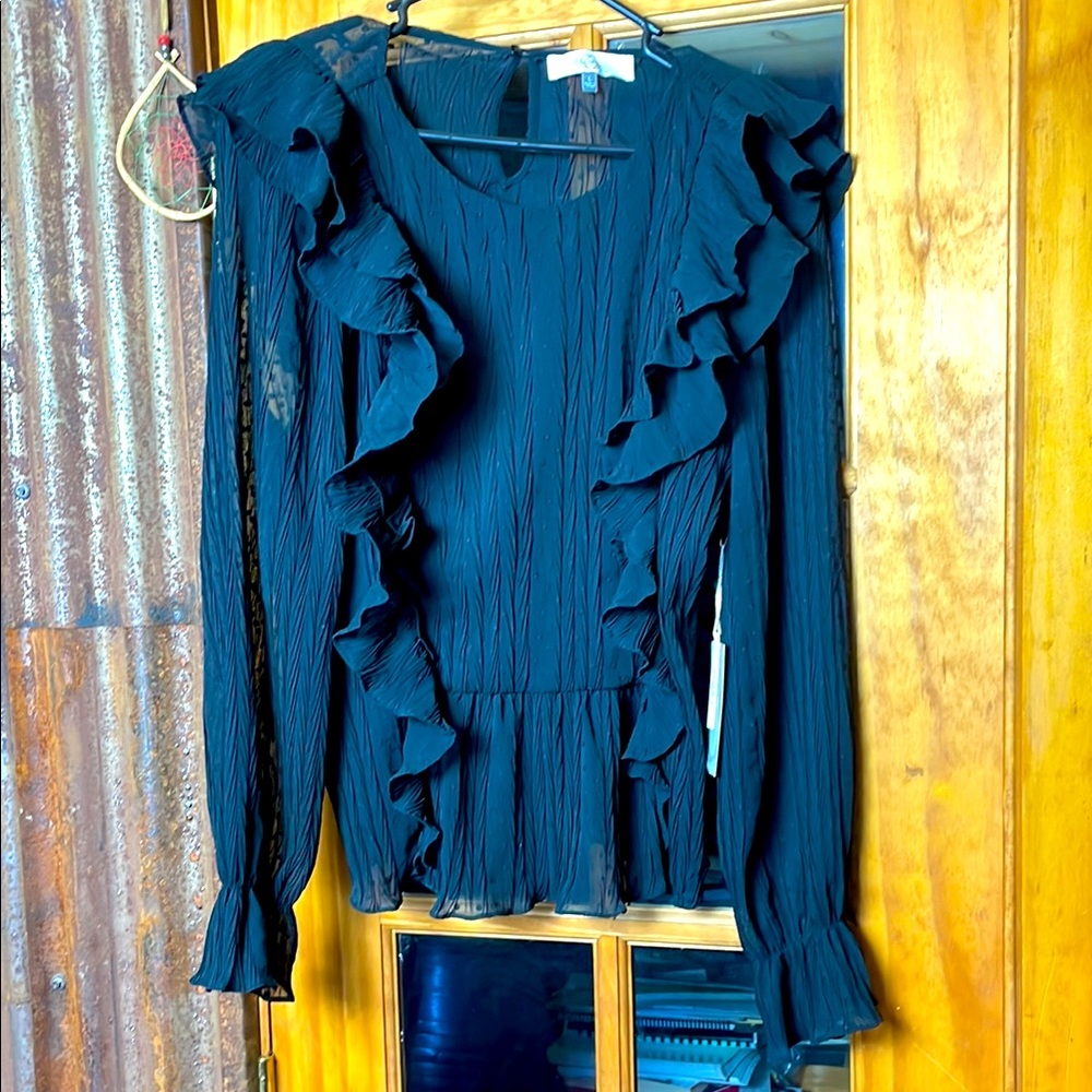 MELOGRANO RICO BLACK sheer Ruffled Ribbed Blouse, Size L